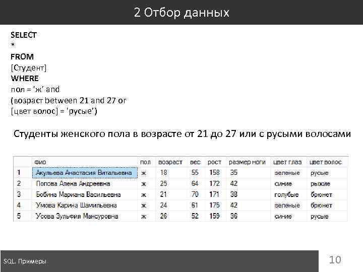 2 Отбор данных SELECT * FROM [Студент] WHERE пол = 'ж' and (возраст between