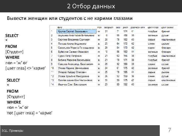 2 Отбор данных Вывести женщин или студентов с не карими глазами SELECT * FROM