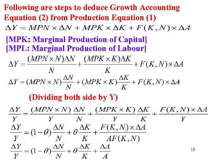 Following are steps to deduce Growth Accounting Equation (2) from Production Equation (1) [MPK: