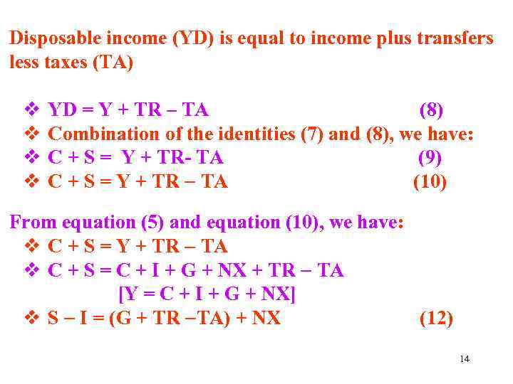 Disposable income (YD) is equal to income plus transfers less taxes (TA) v v