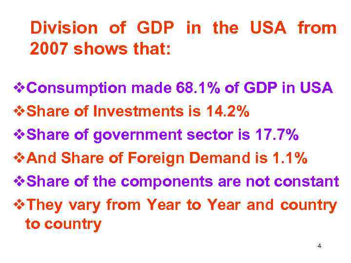 Division of GDP in the USA from 2007 shows that: v. Consumption made 68.