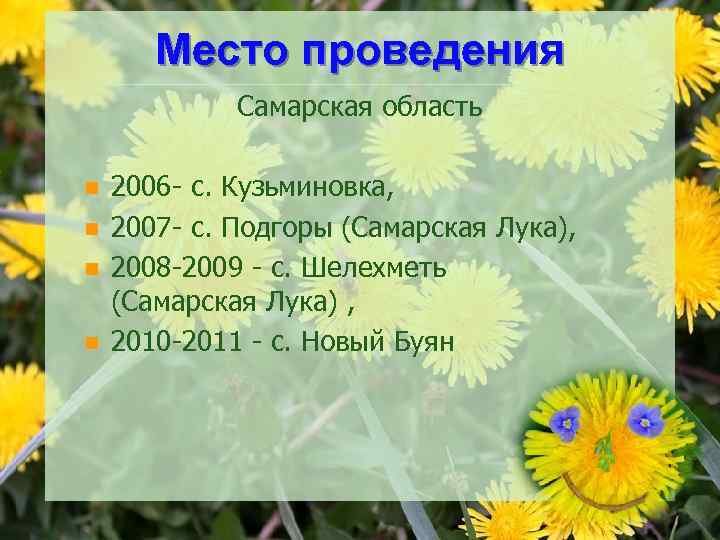Место проведения Самарская область n n 2006 - с. Кузьминовка, 2007 - с. Подгоры