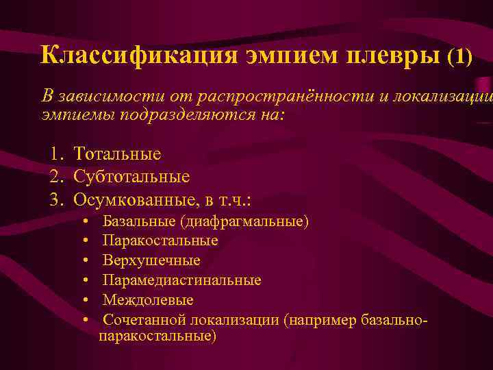 Классификация эмпием плевры (1) В зависимости от распространённости и локализации эмпиемы подразделяются на: 1.