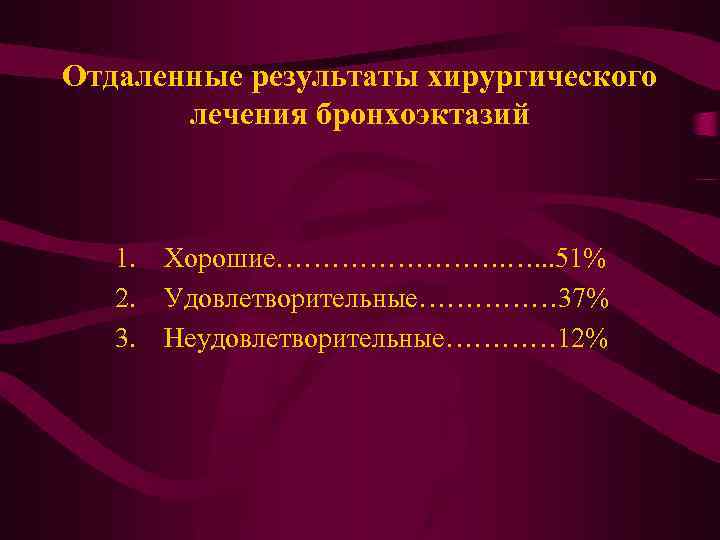 Отдаленные результаты хирургического лечения бронхоэктазий 1. Хорошие…………. …. . . 51% 2. Удовлетворительные…………… 37%