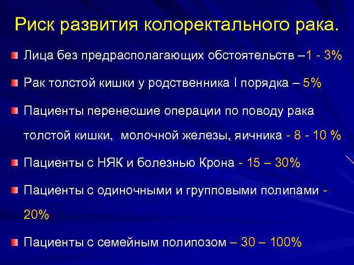 Риск развития колоректального рака. Лица без предрасполагающих обстоятельств – 1 - 3% Рак толстой