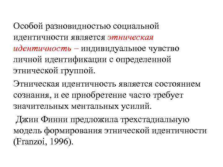 Особой разновидностью социальной идентичности является этническая идентичность – индивидуальное чувство личной идентификации с определенной