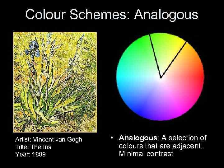Colour Schemes: Analogous Artist: Vincent van Gogh Title: The Iris Year: 1889 • Analogous: