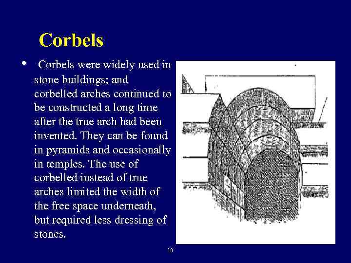  Corbels • Corbels were widely used in stone buildings; and corbelled arches continued