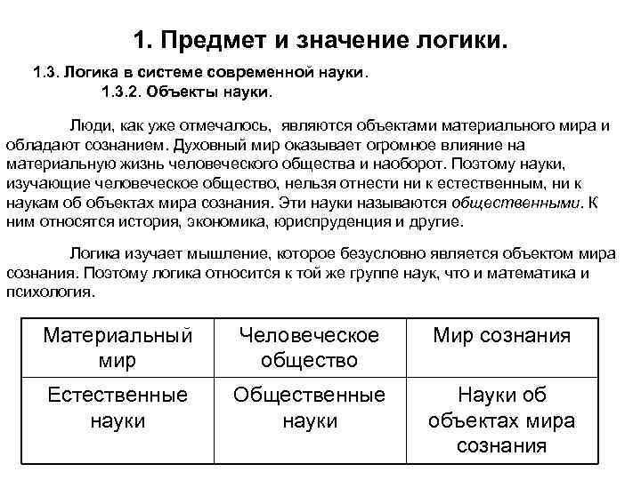 1. Предмет и значение логики. 1. 3. Логика в системе современной науки. 1. 3.