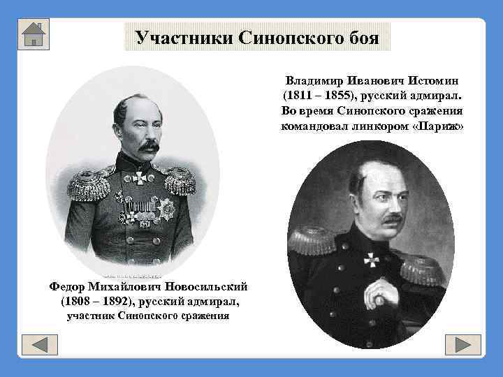 Участники Синопского боя Владимир Иванович Истомин (1811 – 1855), русский адмирал. Во время Синопского