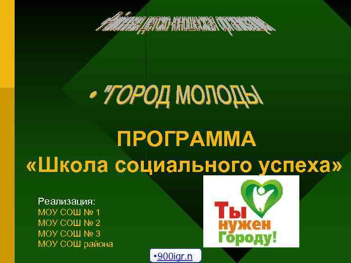 ПРОГРАММА «Школа социального успеха» Реализация: МОУ СОШ № 1 МОУ СОШ № 2 МОУ