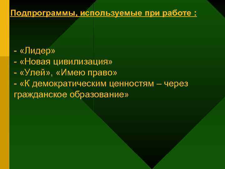 Подпрограммы, используемые при работе : - «Лидер» - «Новая цивилизация» - «Улей» , «Имею