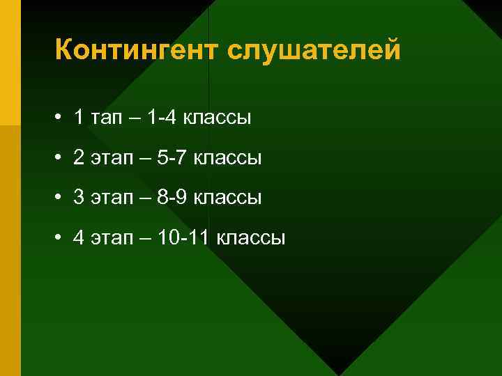 Контингент слушателей • 1 тап – 1 -4 классы • 2 этап – 5