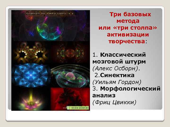 Три базовых метода или «три столпа» активизации творчества: 1. Классический мозговой штурм (Алекс