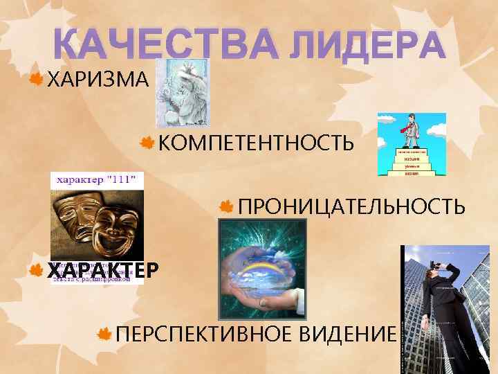 КАЧЕСТВА ЛИДЕРА ХАРИЗМА КОМПЕТЕНТНОСТЬ ПРОНИЦАТЕЛЬНОСТЬ ХАРАКТЕР ПЕРСПЕКТИВНОЕ ВИДЕНИЕ 