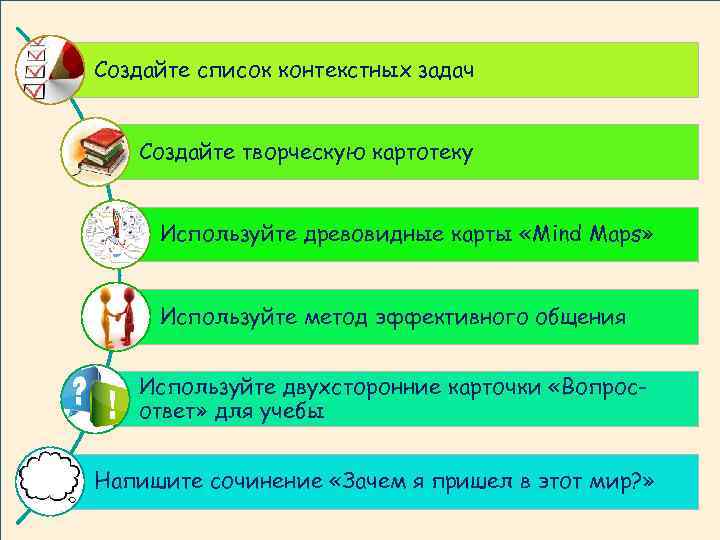 Создайте список контекстных задач Создайте творческую картотеку Используйте древовидные карты «Mind Maps» Используйте метод