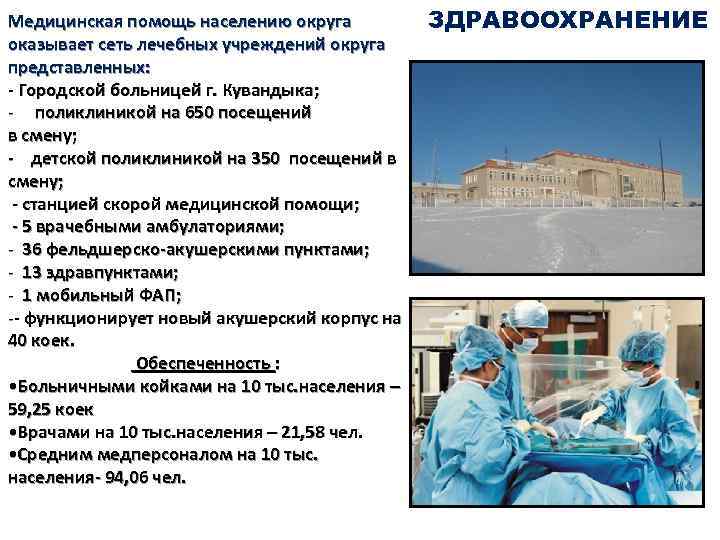 Медицинская помощь населению округа оказывает сеть лечебных учреждений округа представленных: - Городской больницей г.
