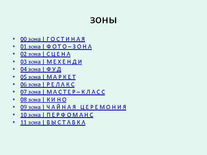 зоны • • • 00 зона | Г О С Т И Н А