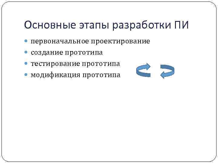 Основные этапы разработки ПИ первоначальное проектирование создание прототипа тестирование прототипа модификация прототипа 