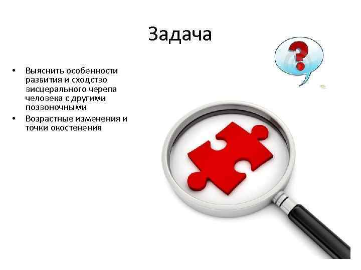 Задача • • Выяснить особенности развития и сходство висцерального черепа человека с другими позвоночными