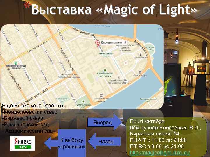 *Выставка «Magic of Light» Еще Вы можете посетить: -Менделеевский сквер -Биржевой сквер -Румянцевский сад