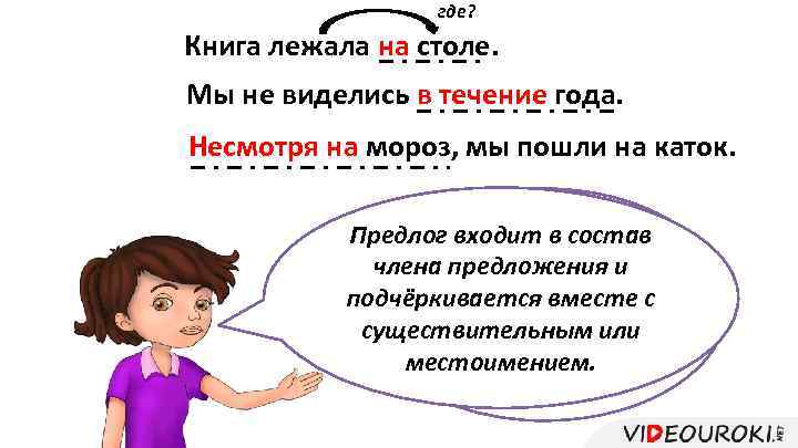 где? Книга лежала на столе. Мы не виделись в течение года. Несмотря на мороз,