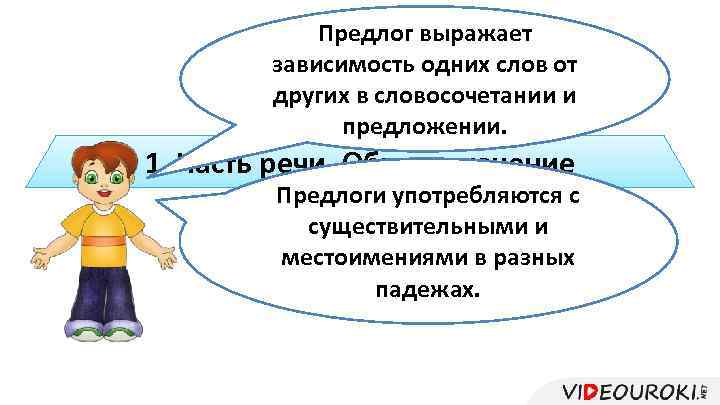 Предлог выражает зависимость одних слов от других в словосочетании и предложении. 1. Часть речи.