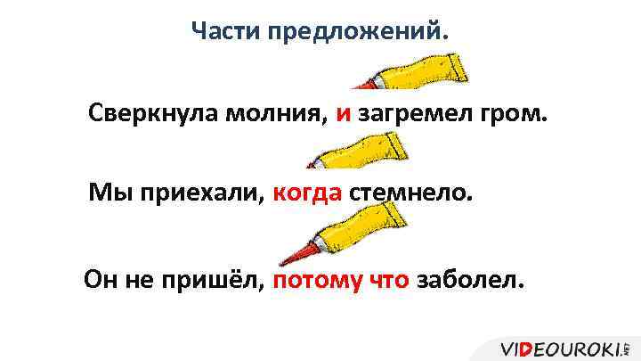 Части предложений. Сверкнула молния, загремел гром. Сверкнула молния, и загремел гром. Мы приехали, стемнело.