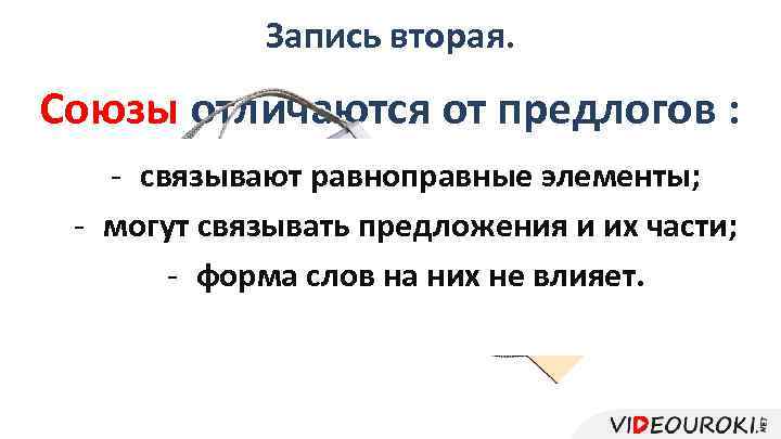 Запись вторая. Союзы отличаются от предлогов : - связывают равноправные элементы; - могут связывать