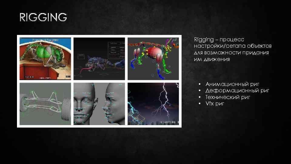 RIGGING Rigging – процесс настройки/сетапа объектов для возможности придания им движения • • Анимационный