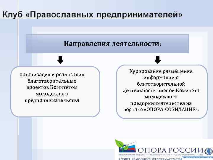 Направления деятельности: организация и реализация благотворительных проектов Комитетом молодежного предпринимательства Курирование размещения информации о