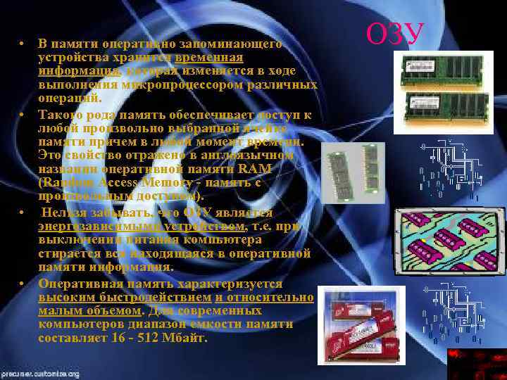  • В памяти оперативно запоминающего устройства хранится временная информация, которая изменяется в ходе