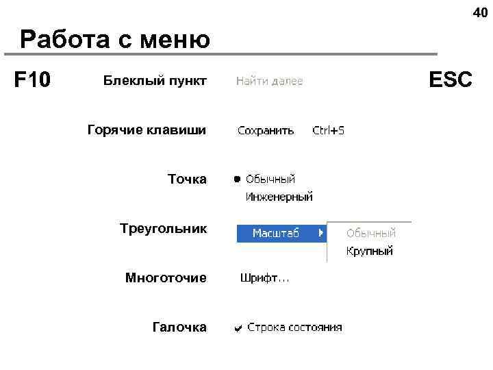 40 Работа с меню F 10 Блеклый пункт Горячие клавиши Точка Треугольник Многоточие Галочка