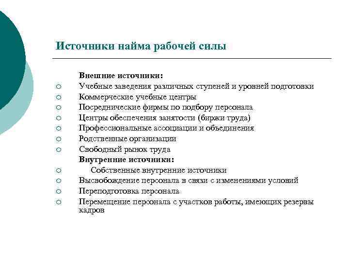 Содержание н. Источники найма рабочей силы. Каковы источники внутреннего найма рабочей силы. Каковы источники внешнего найма рабочей силы. Внешние источники найма персонала.