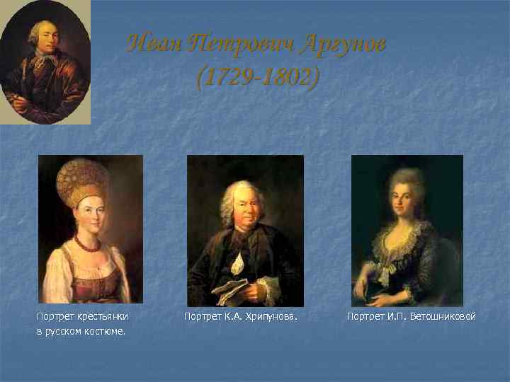 Иван Петрович Аргунов (1729 -1802) Портрет крестьянки в русском костюме. Портрет К. А. Хрипунова.