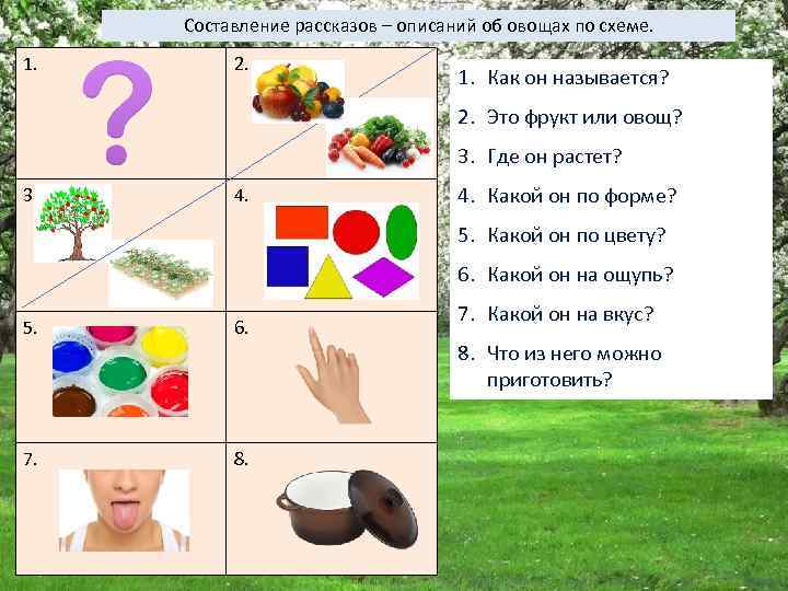 Составление рассказов – описаний об овощах по схеме. 1. 2. 1. Как он называется?