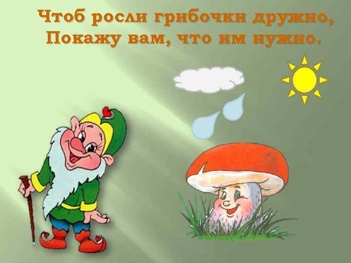 Чтоб росли грибочки дружно, Покажу вам, что им нужно. 