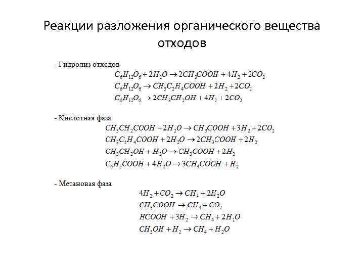 Реакции разложения органического вещества отходов 