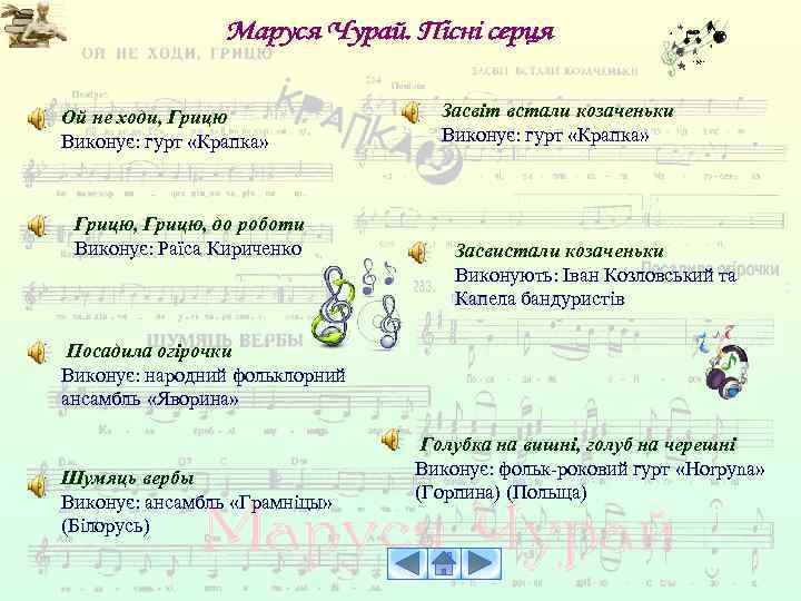 Ой не ходи, Грицю Виконує: гурт «Крапка» Грицю, до роботи Виконує: Раїса Кириченко Засвіт
