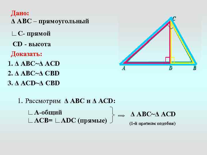 Дано: Δ ABС – прямоугольный ∟С- прямой CD - высота Доказать: 1. Δ ABС~Δ