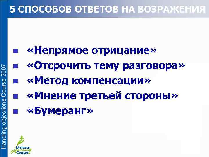 5 СПОСОБОВ ОТВЕТОВ НА ВОЗРАЖЕНИЯ Handling objections Course 2007 n n n «Непрямое отрицание»