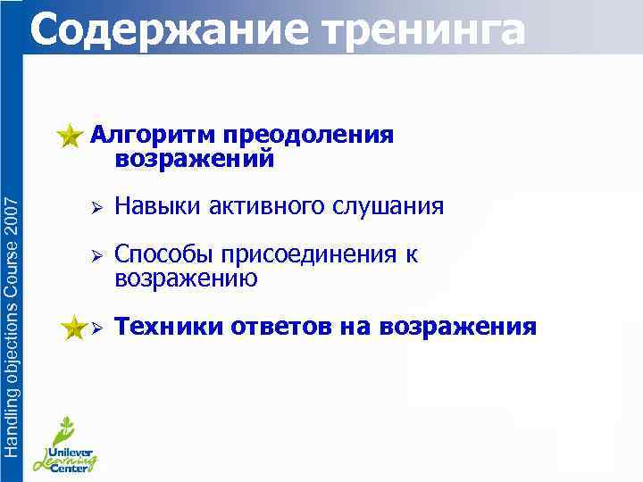 Содержание тренинга Handling objections Course 2007 Алгоритм преодоления возражений Ø Навыки активного слушания Ø