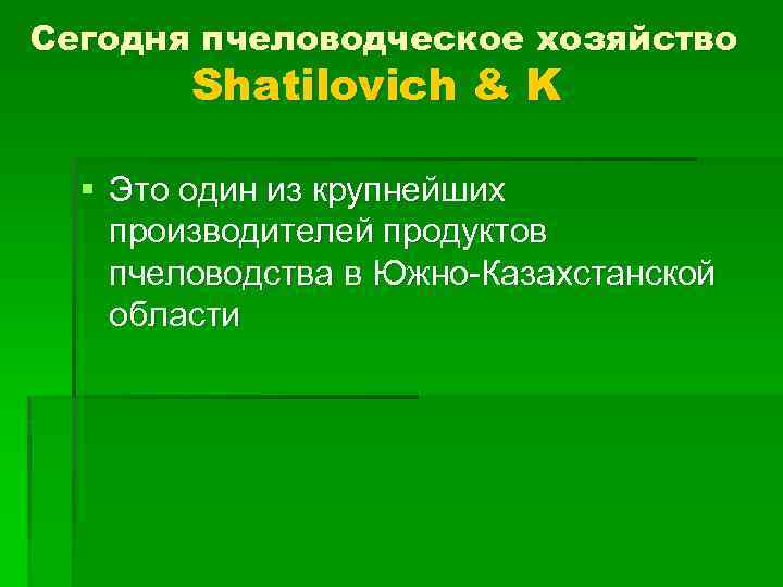 Сегодня пчеловодческое хозяйство Shatilovich & K § Это один из крупнейших производителей продуктов пчеловодства