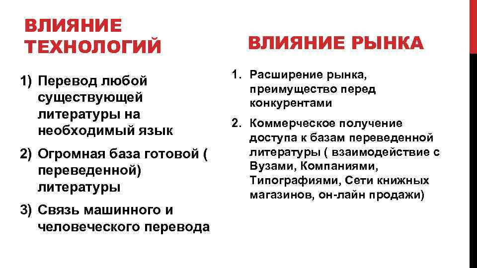 ВЛИЯНИЕ ТЕХНОЛОГИЙ 1) Перевод любой существующей литературы на необходимый язык 2) Огромная база готовой