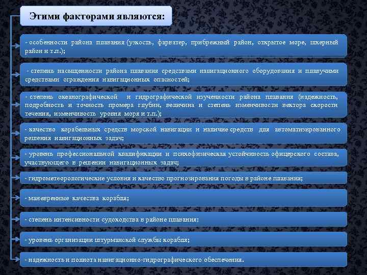 Этими факторами являются: - особенности района плавания (узкость, фарватер, прибрежный район, открытое море, шхерный