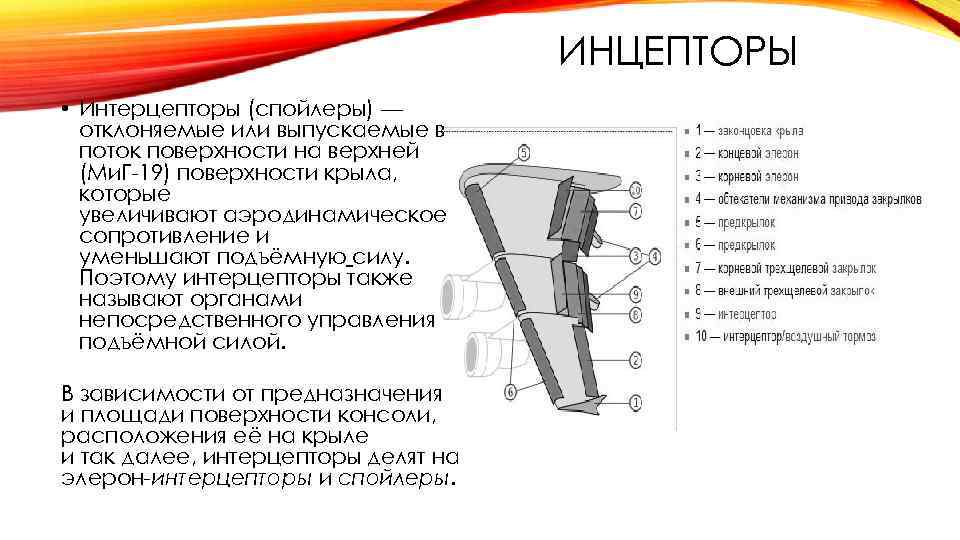 ИНЦЕПТОРЫ • Интерцепторы (спойлеры) — отклоняемые или выпускаемые в поток поверхности на верхней (Ми.