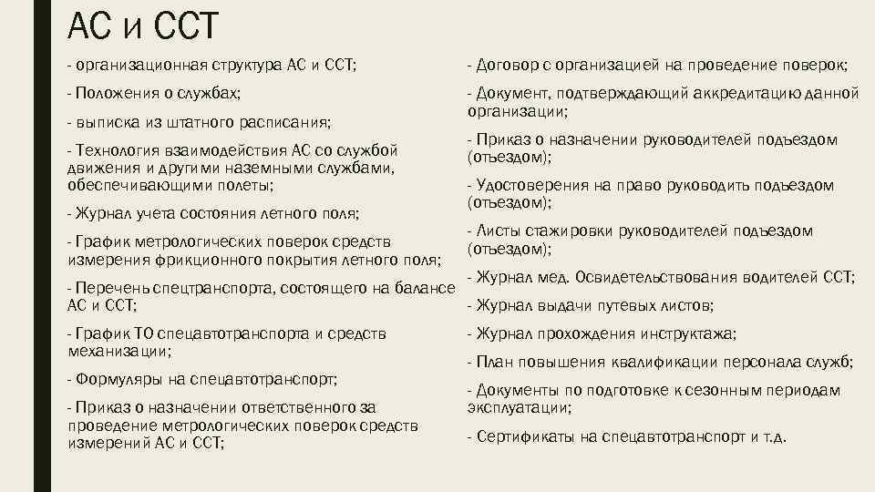 АС и ССТ - организационная структура АС и ССТ; - Договор с организацией на