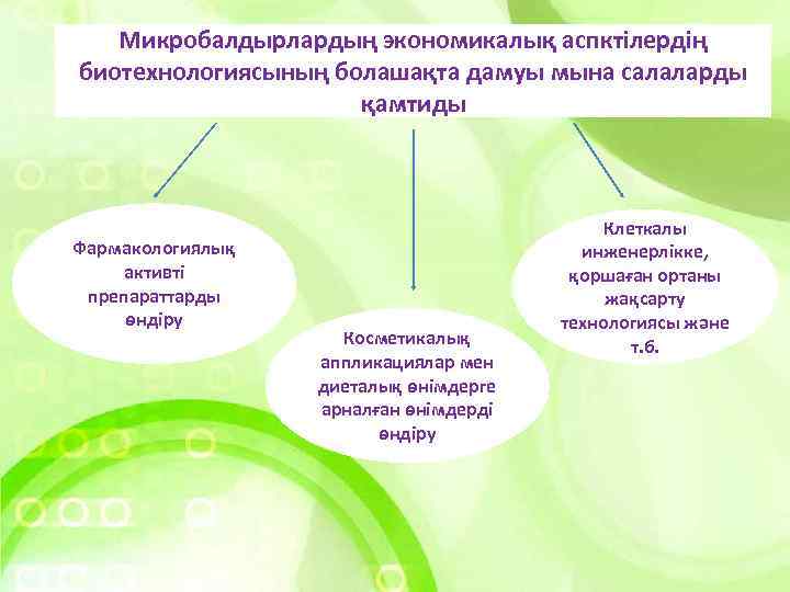 Микробалдырлардың экономикалық аспктілердің биотехнологиясының болашақта дамуы мына салаларды қамтиды Фармакологиялық активті препараттарды өндіру Косметикалық
