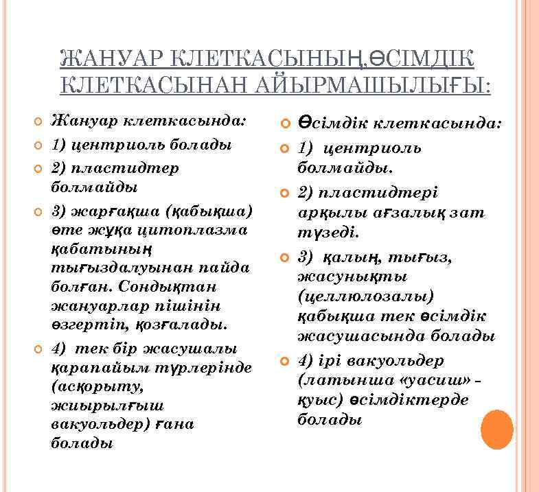 ЖАНУАР КЛЕТКАСЫНЫҢ, ӨСІМДІК КЛЕТКАСЫНАН АЙЫРМАШЫЛЫҒЫ: Жануар клеткасында: Өсімдік клеткасында: 1) центриоль болады 2) пластидтер