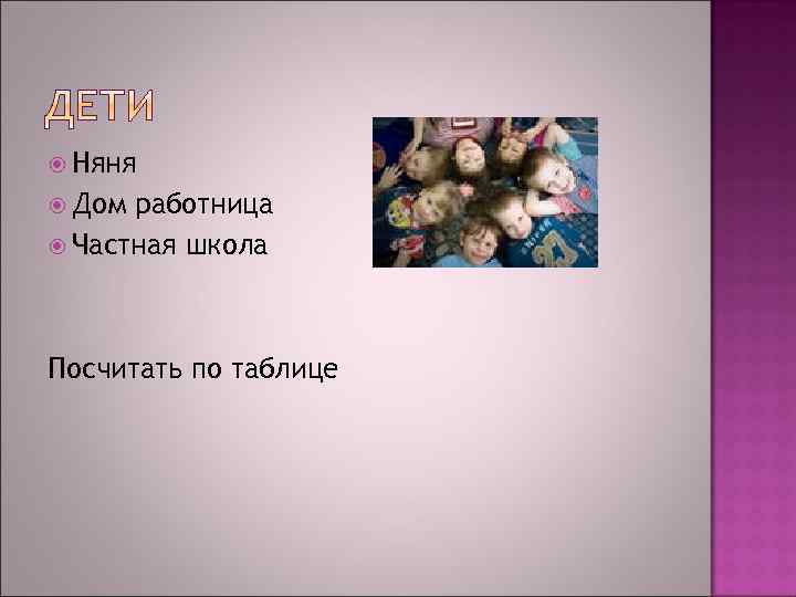  Няня Дом работница Частная школа Посчитать по таблице 